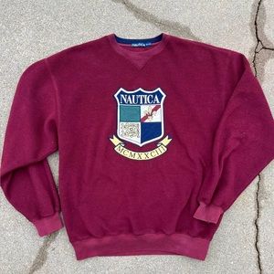 Nautica Vintage Crewneck Embroidered Logo Burgundy Fleece Pullover Mens Large